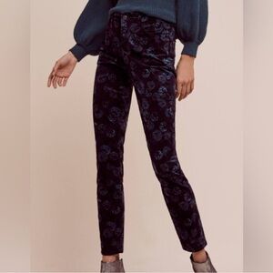 Anthropologie Pilcro Script Blue Velvet Floral Skinny Pants Size $28